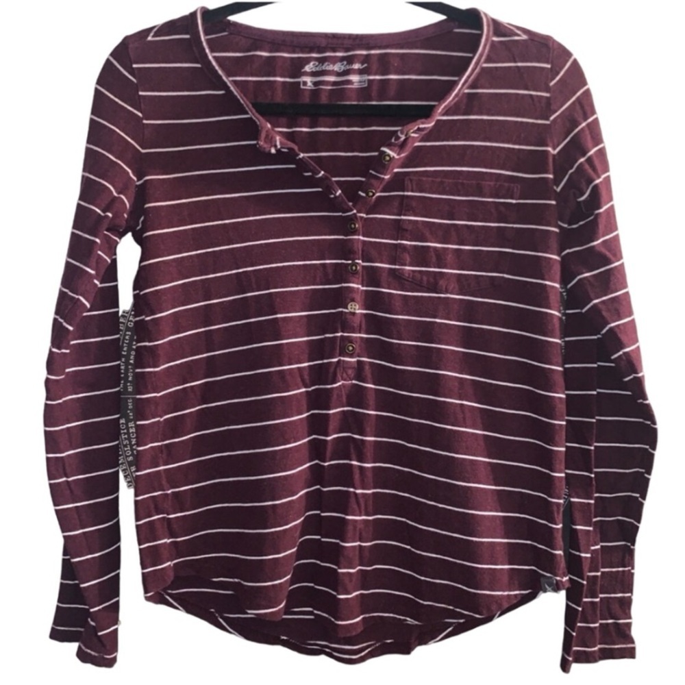 Eddie Bauer Maroon White Striped Long Sleeve Pocket T-Shirt Sz XS